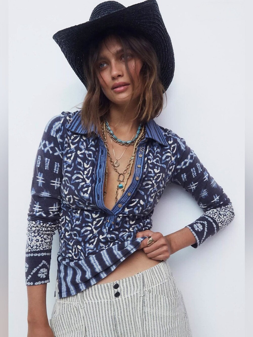 Free People We The Free Shibori Dreams Long-Sleeve Blue/White Patterned Top